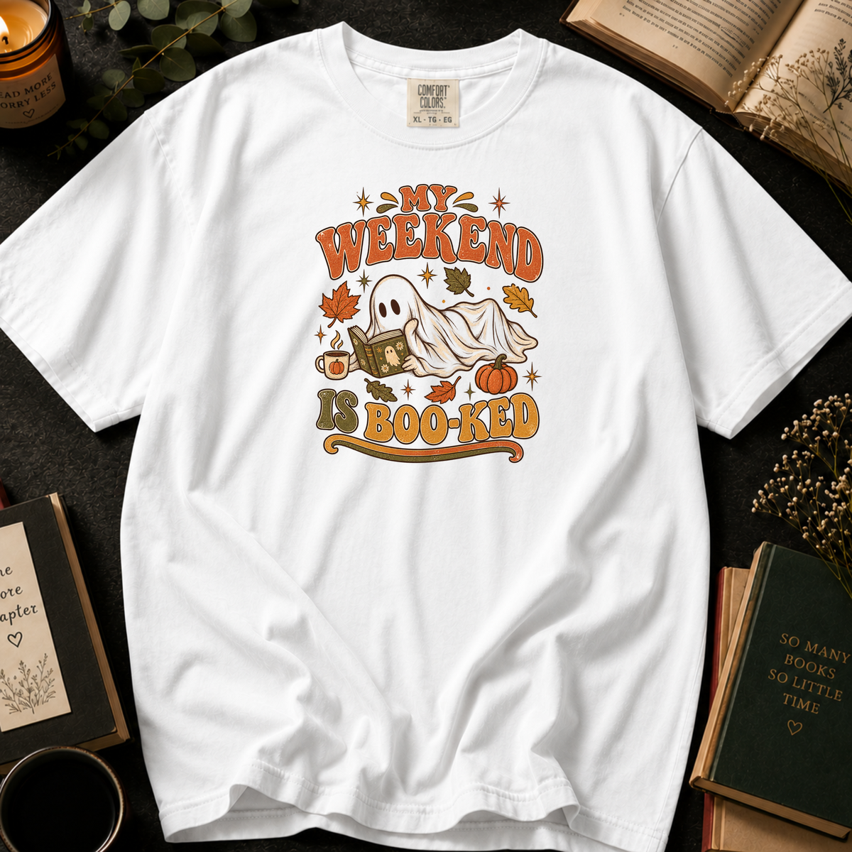 Cozy Spooky Reading T-Shirt in White, Between the Pages