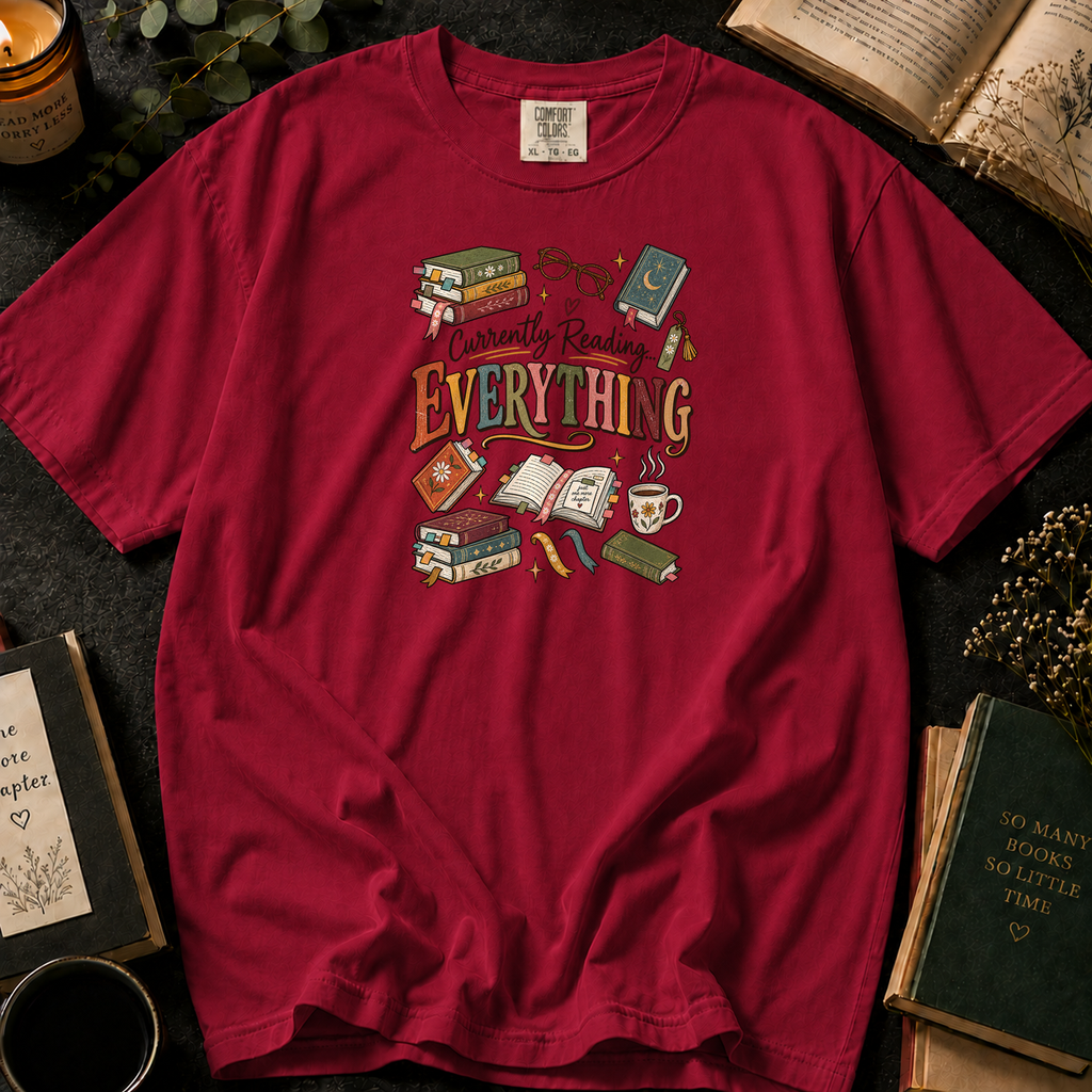 Currently Reading Everything T-Shirt in Crimson, Between the Pages