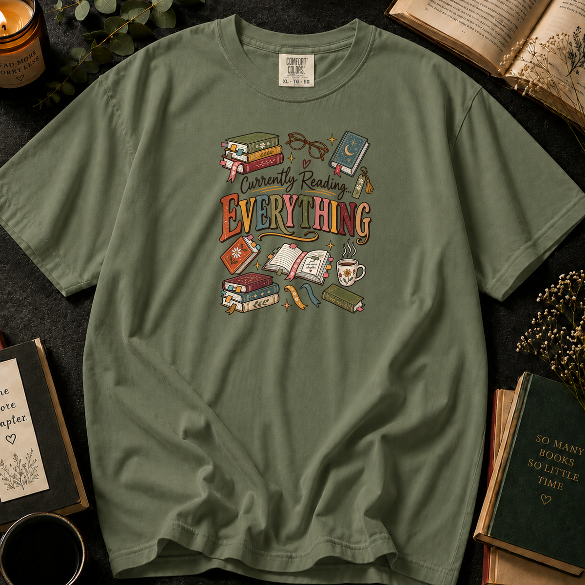 Currently Reading Everything T-Shirt in Sage, Between the Pages