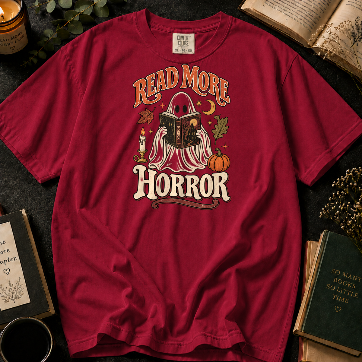 Dark Tales Reader T-Shirt in Crimson, Between the Pages