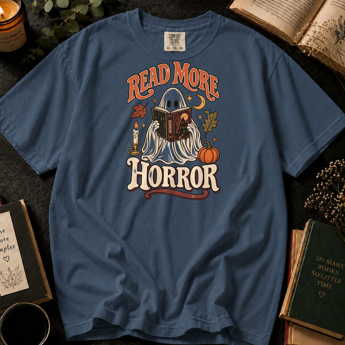 Dark Tales Reader T-Shirt in Denim, Between the Pages