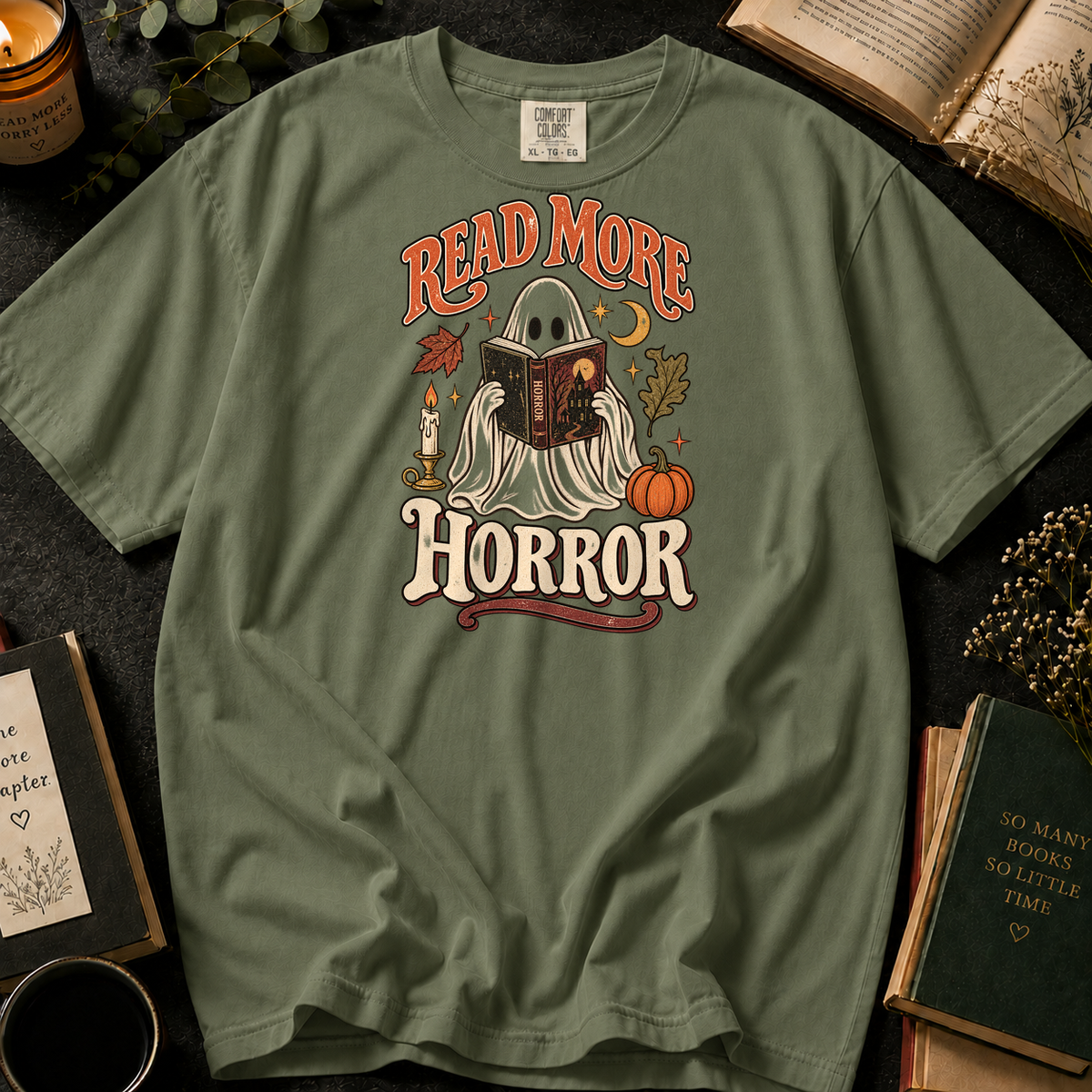 Dark Tales Reader T-Shirt in Sage, Between the Pages