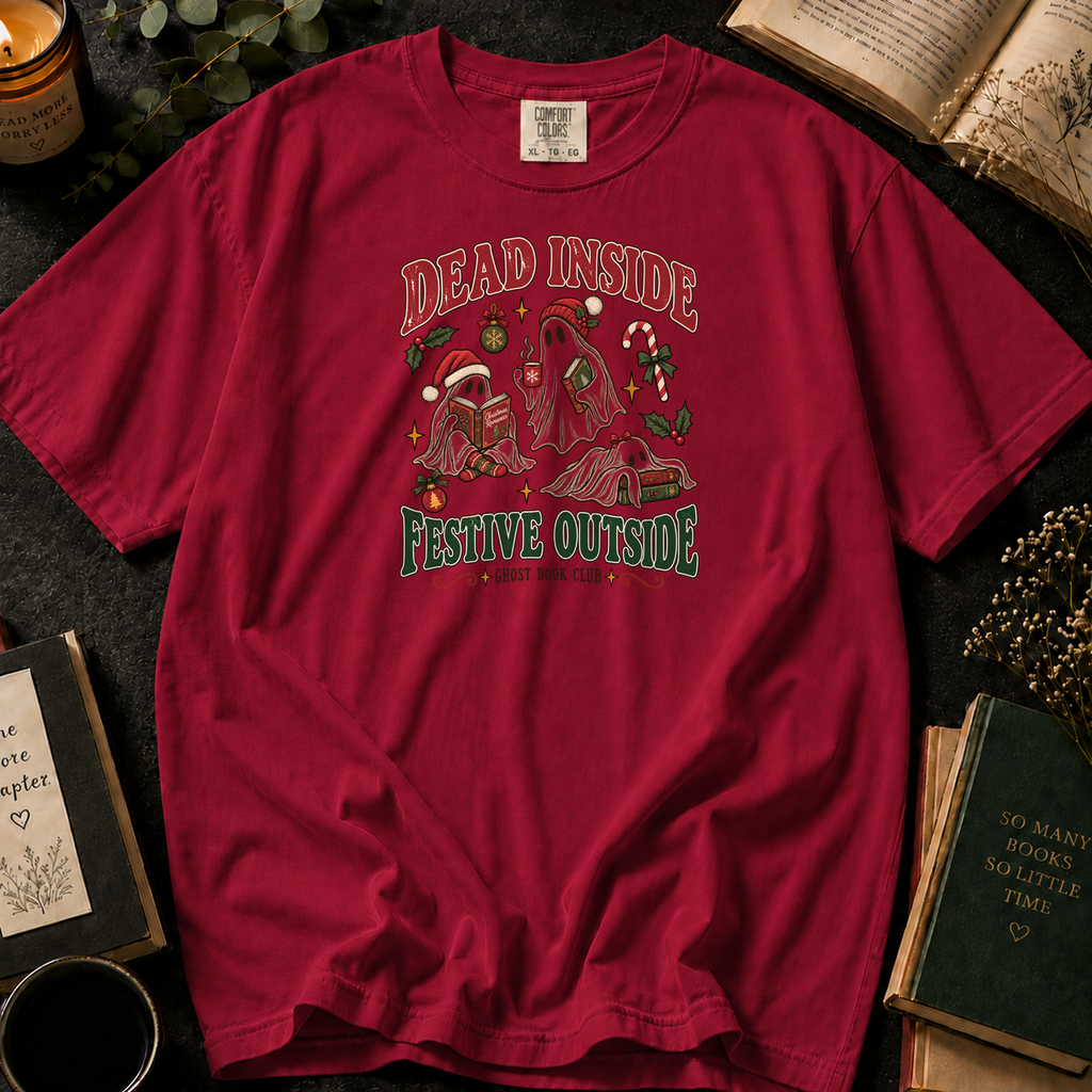 Dead Inside, Festive Outside T-Shirt in Crimson, Between the Pages