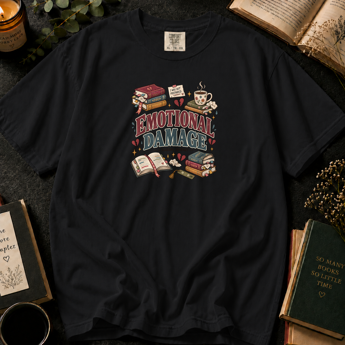 Emotional Damage: A Reading Journey T-Shirt in Black, Between the Pages