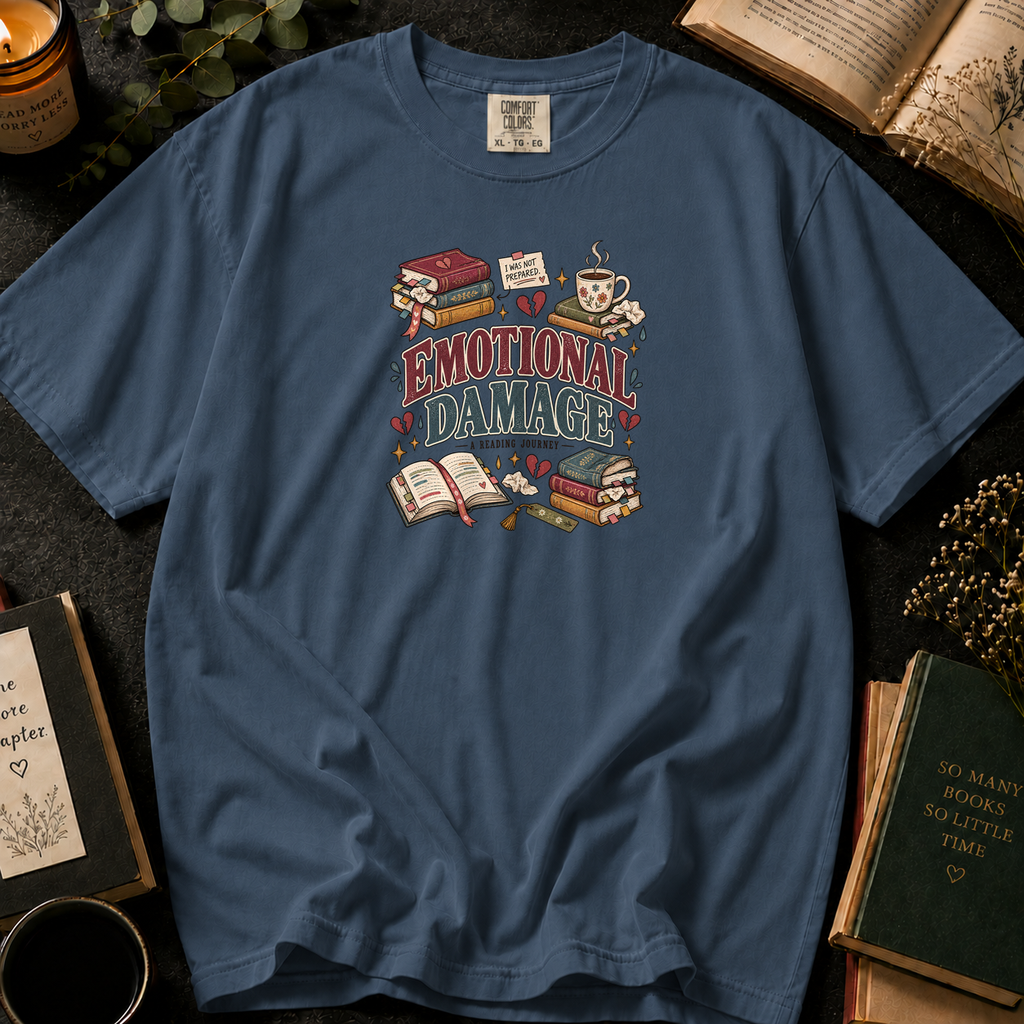 Emotional Damage: A Reading Journey T-Shirt in Denim, Between the Pages