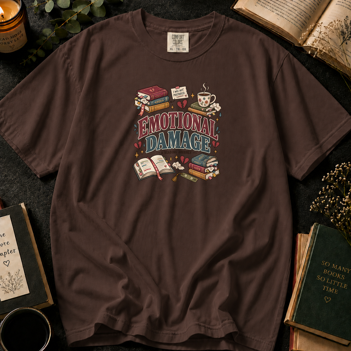 Emotional Damage: A Reading Journey T-Shirt in Espresso, Between the Pages