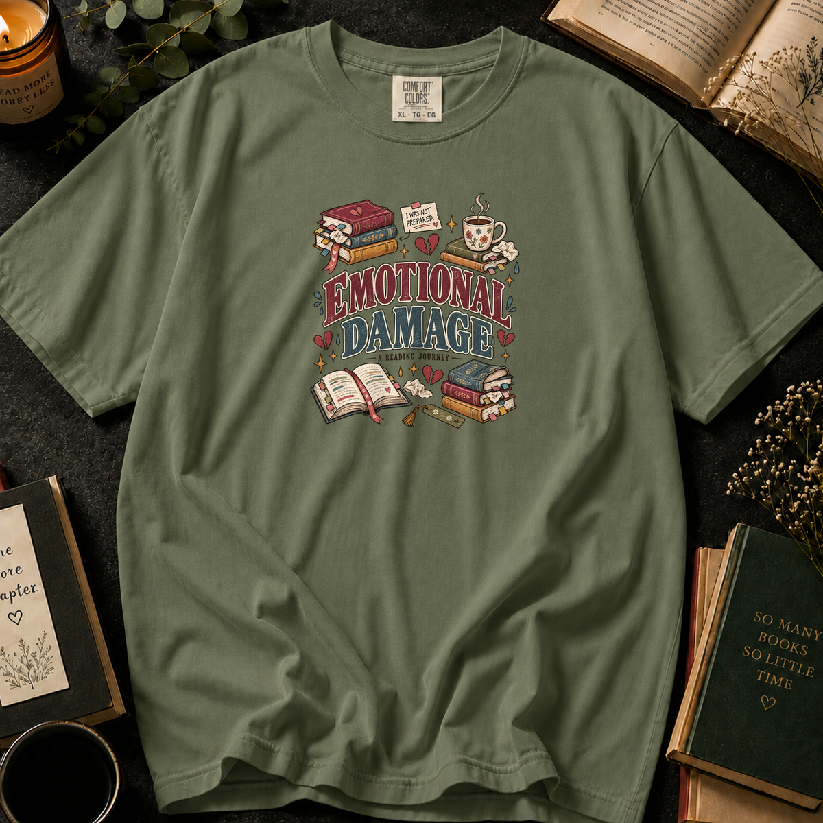 Emotional Damage: A Reading Journey T-Shirt in Sage, Between the Pages