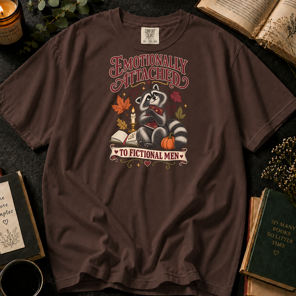 Emotionally Attached to Fictional Men T-Shirt in Espresso, Between the Pages