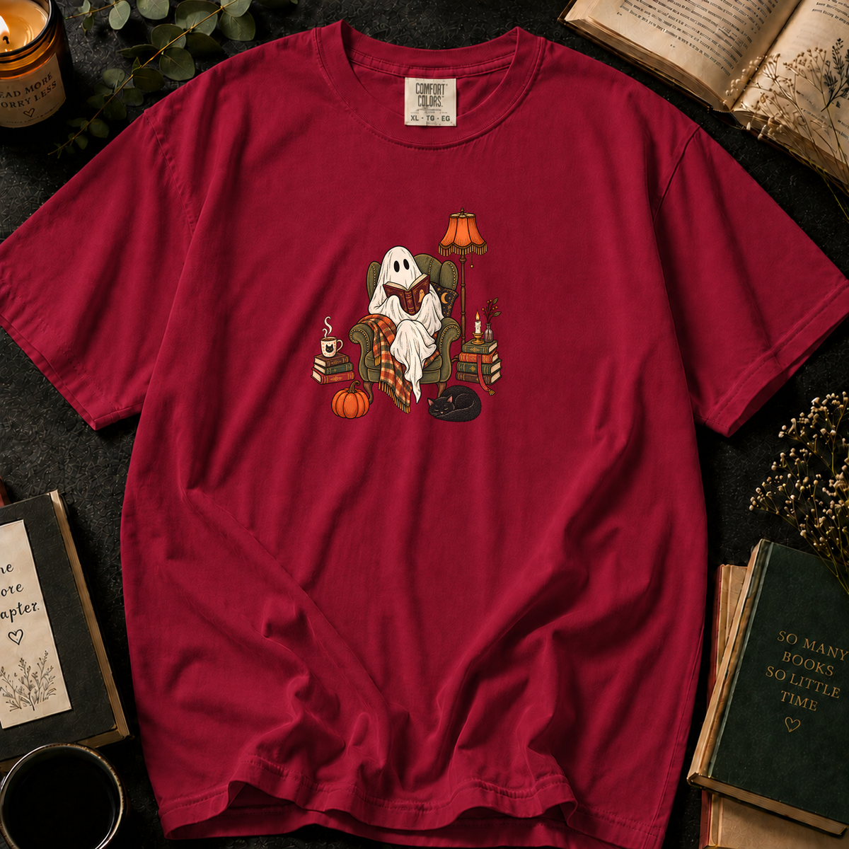 Ghostly Reading T-Shirt in Crimson, Between the Pages
