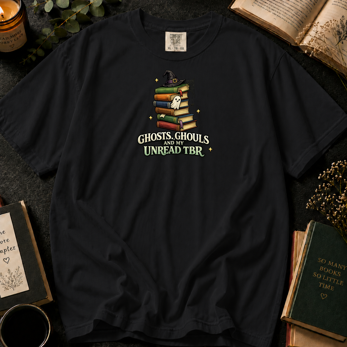 Ghosts, Ghouls, and My Unread TBR T-Shirt in Black, Between the Pages