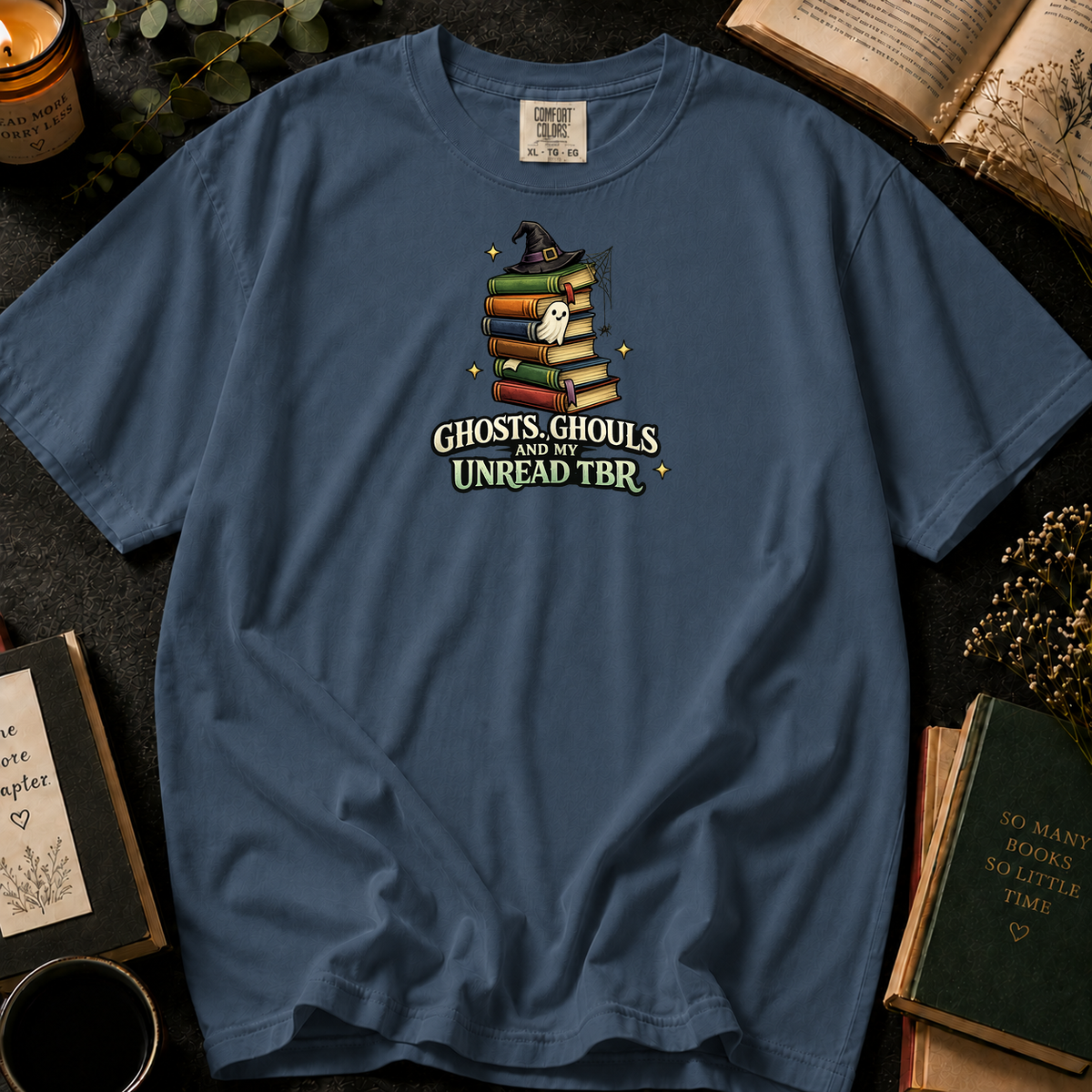 Ghosts, Ghouls, and My Unread TBR T-Shirt in Denim, Between the Pages