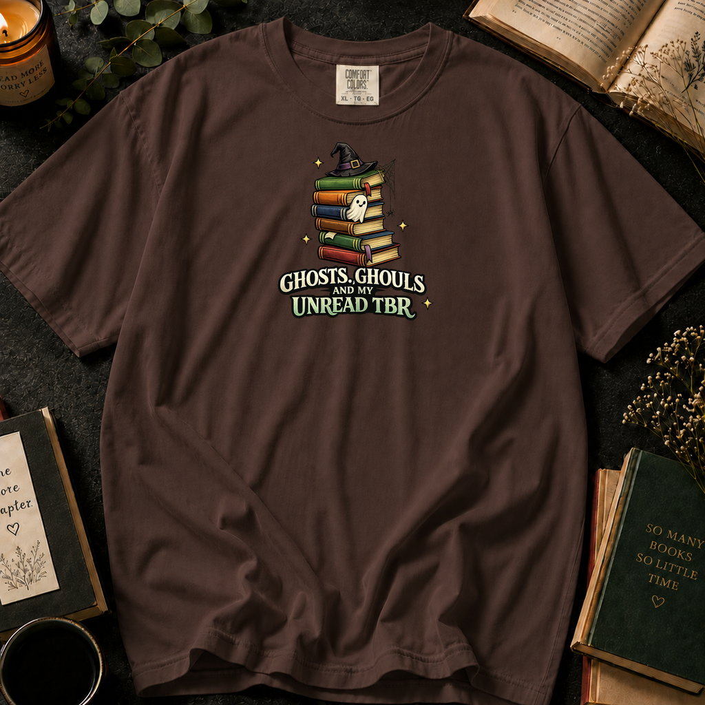 Ghosts, Ghouls, and My Unread TBR T-Shirt in Espresso, Between the Pages