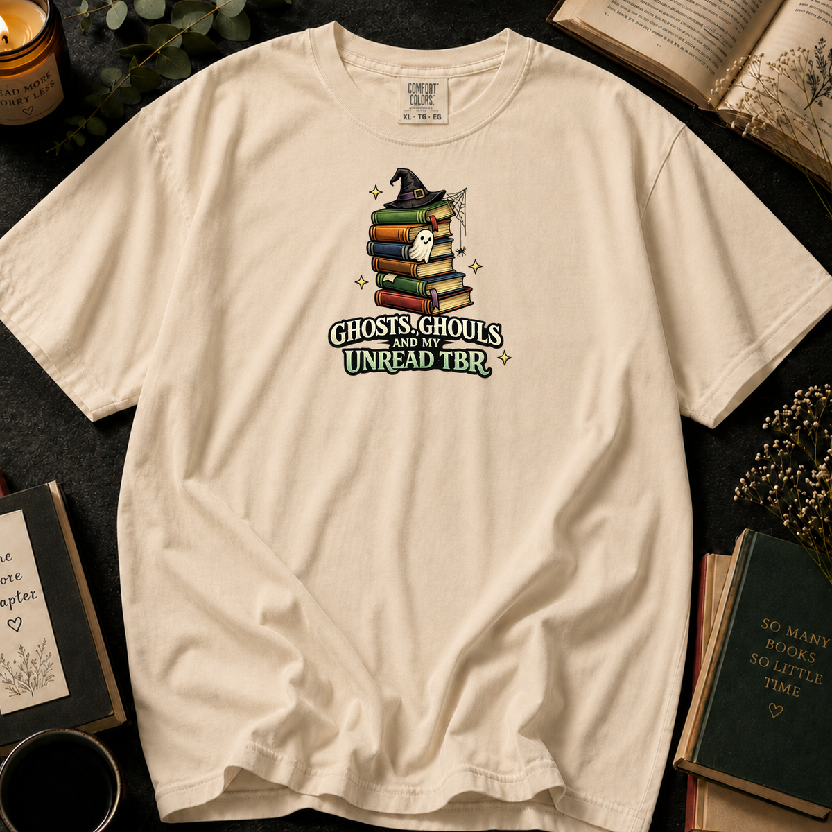 Ghosts, Ghouls, and My Unread TBR T-Shirt in Ivory, Between the Pages