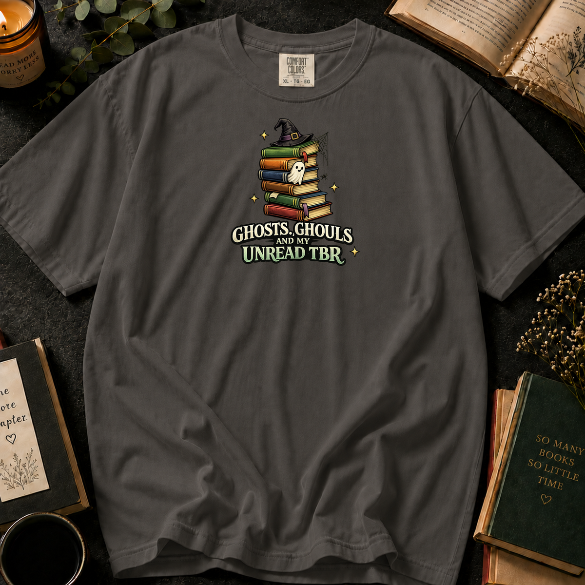 Ghosts, Ghouls, and My Unread TBR T-Shirt in Pepper, Between the Pages