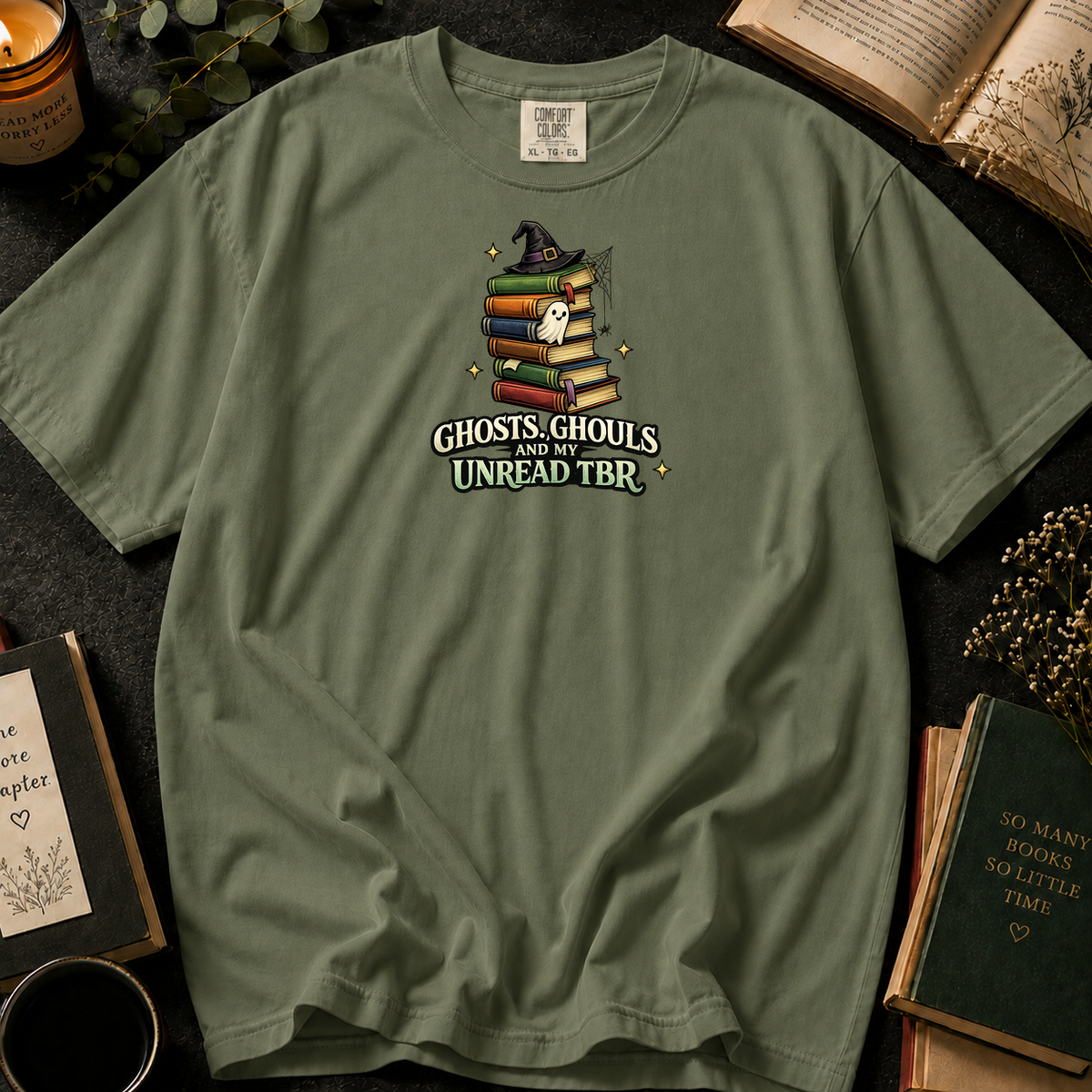 Ghosts, Ghouls, and My Unread TBR T-Shirt in Sage, Between the Pages