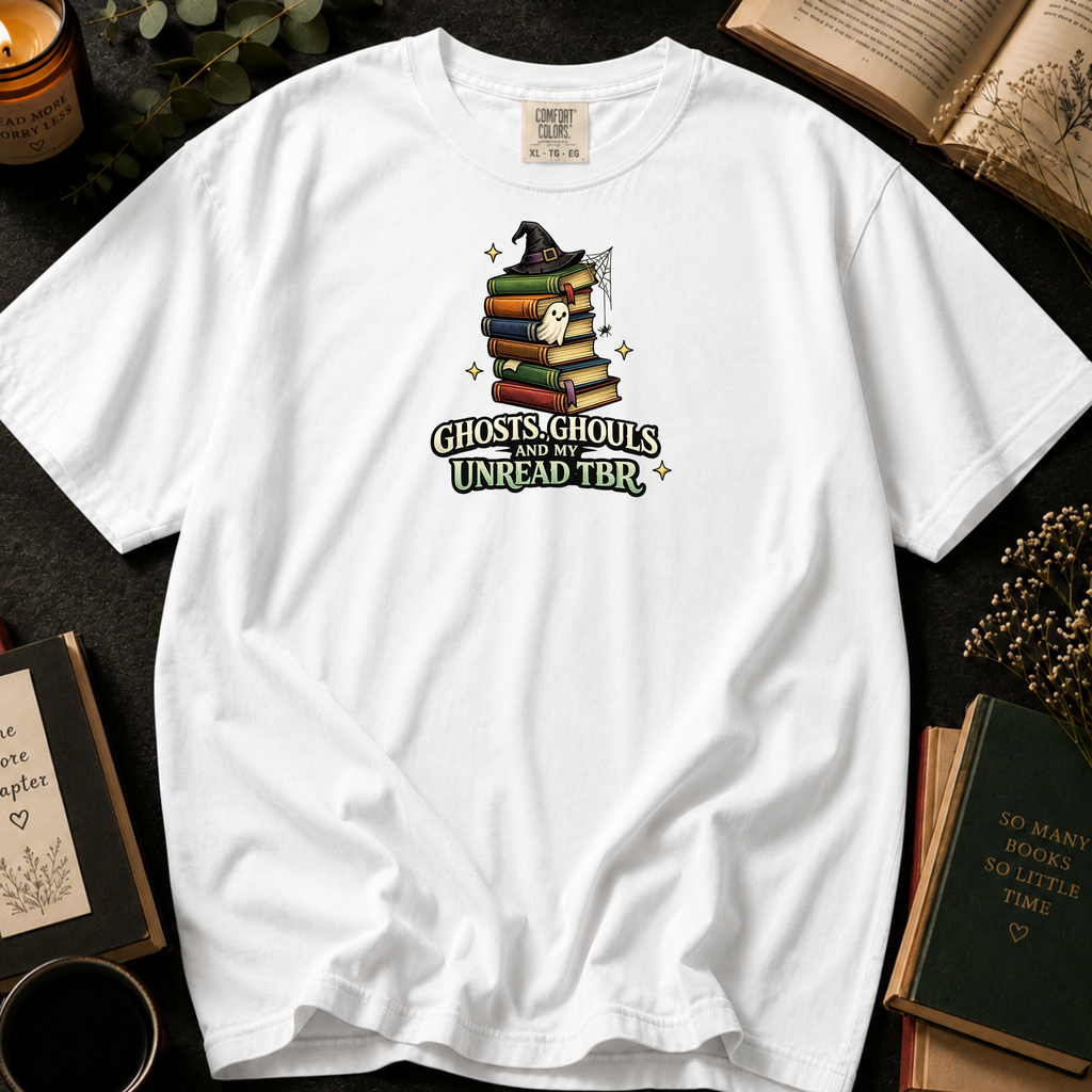 Ghosts, Ghouls, and My Unread TBR T-Shirt in White, Between the Pages