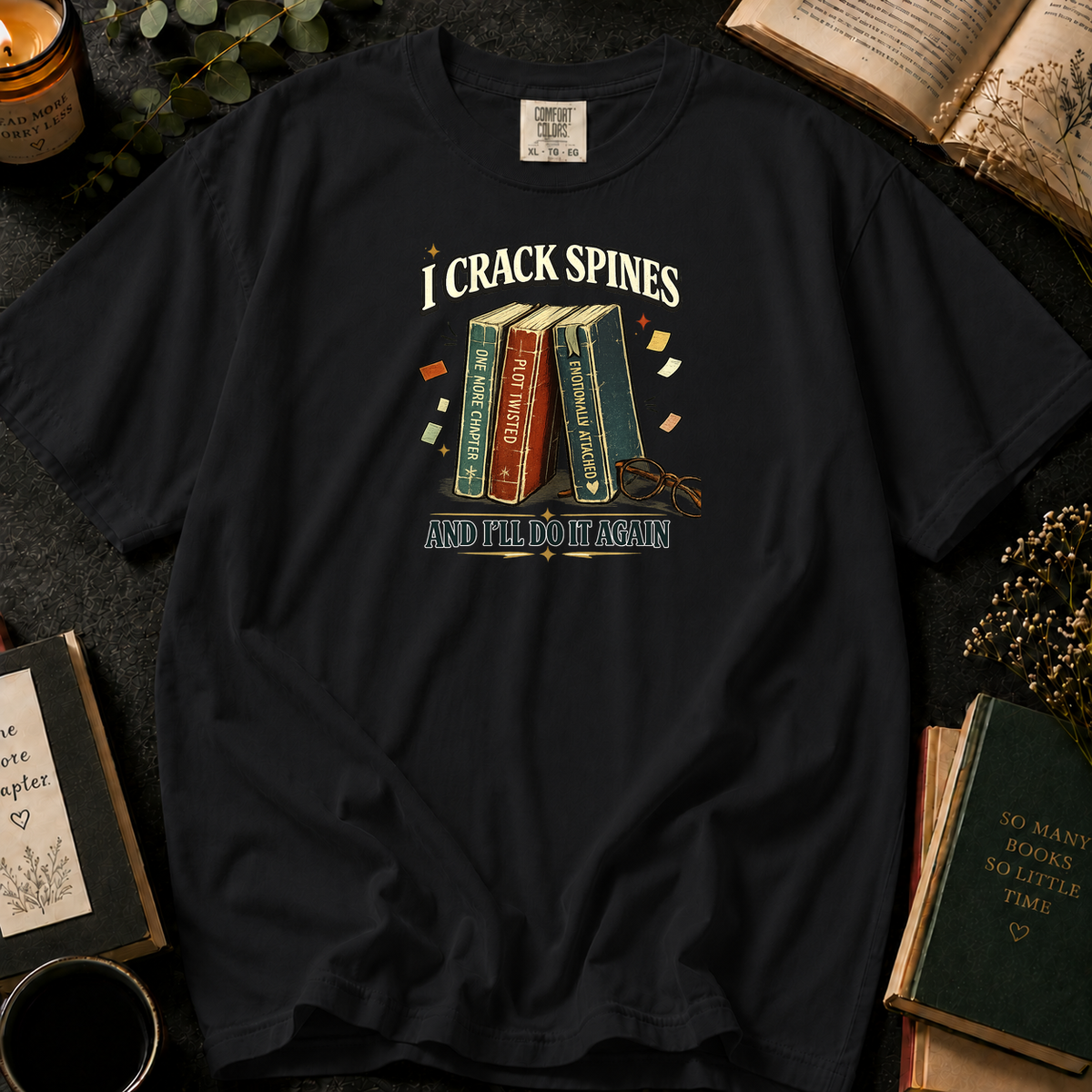I Crack Book Spines T-Shirt in Black, Between the Pages