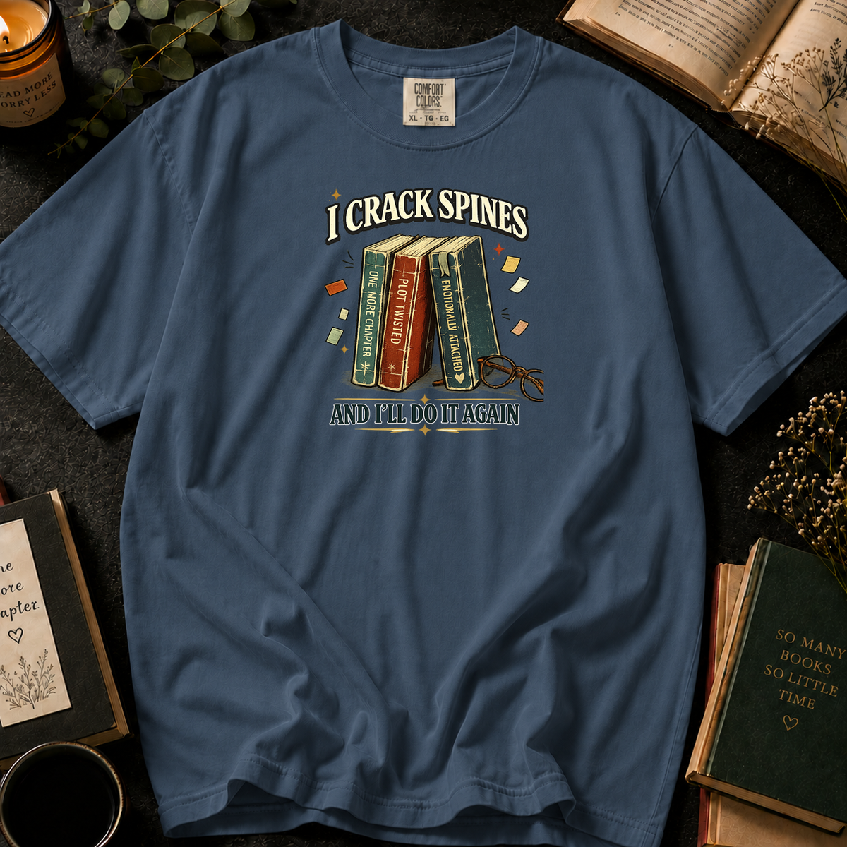 I Crack Book Spines T-Shirt in Denim, Between the Pages