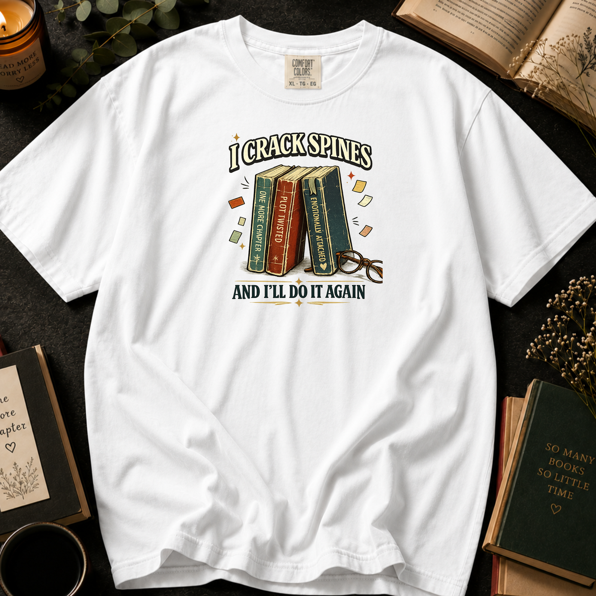 I Crack Book Spines T-Shirt in White, Between the Pages