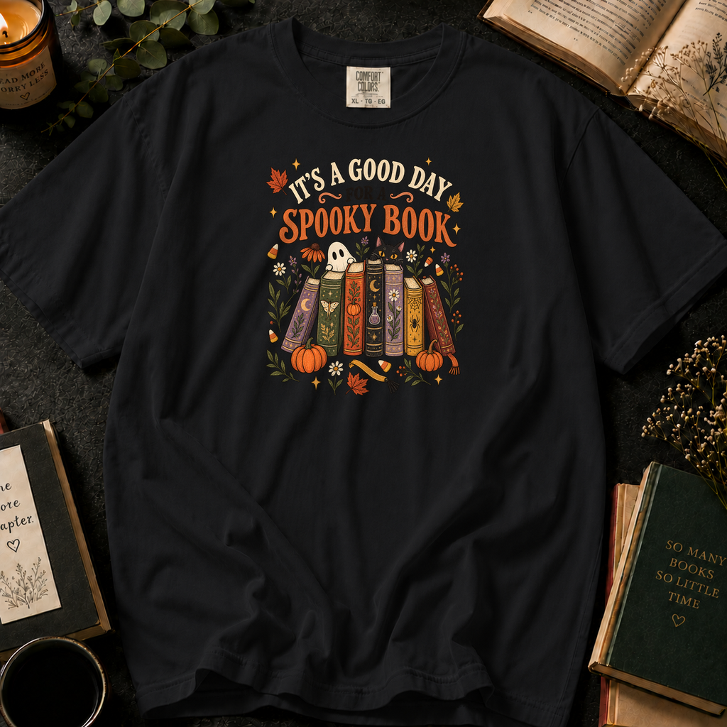 It's a Good Day for a Spooky Book T-Shirt in Black, Between the Pages