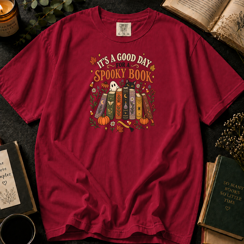 It's a Good Day for a Spooky Book T-Shirt in Crimson, Between the Pages
