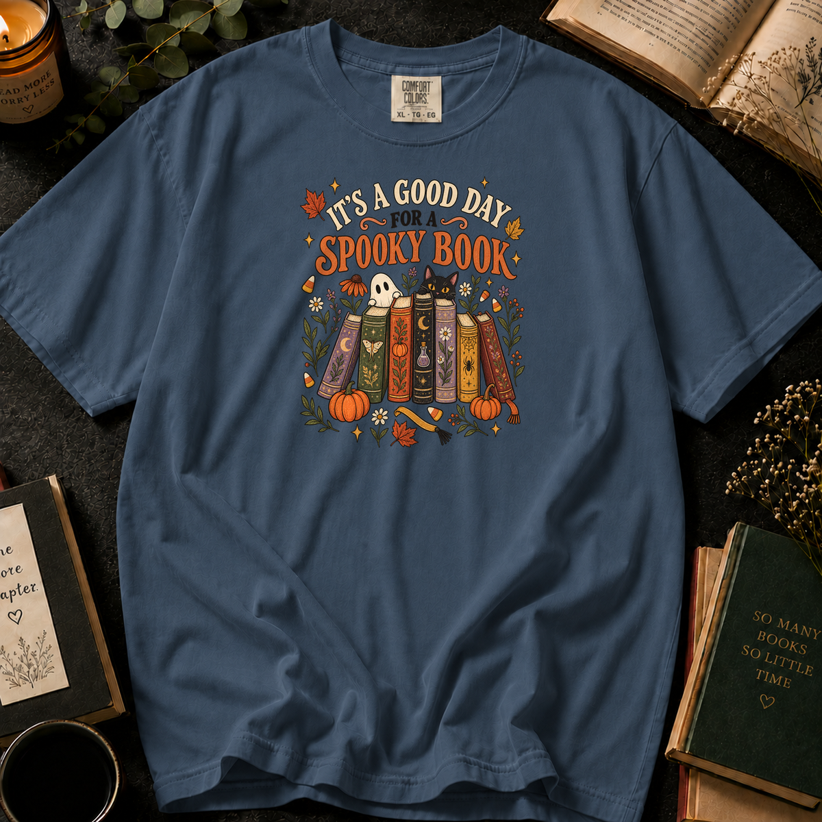 It's a Good Day for a Spooky Book T-Shirt in Denim, Between the Pages