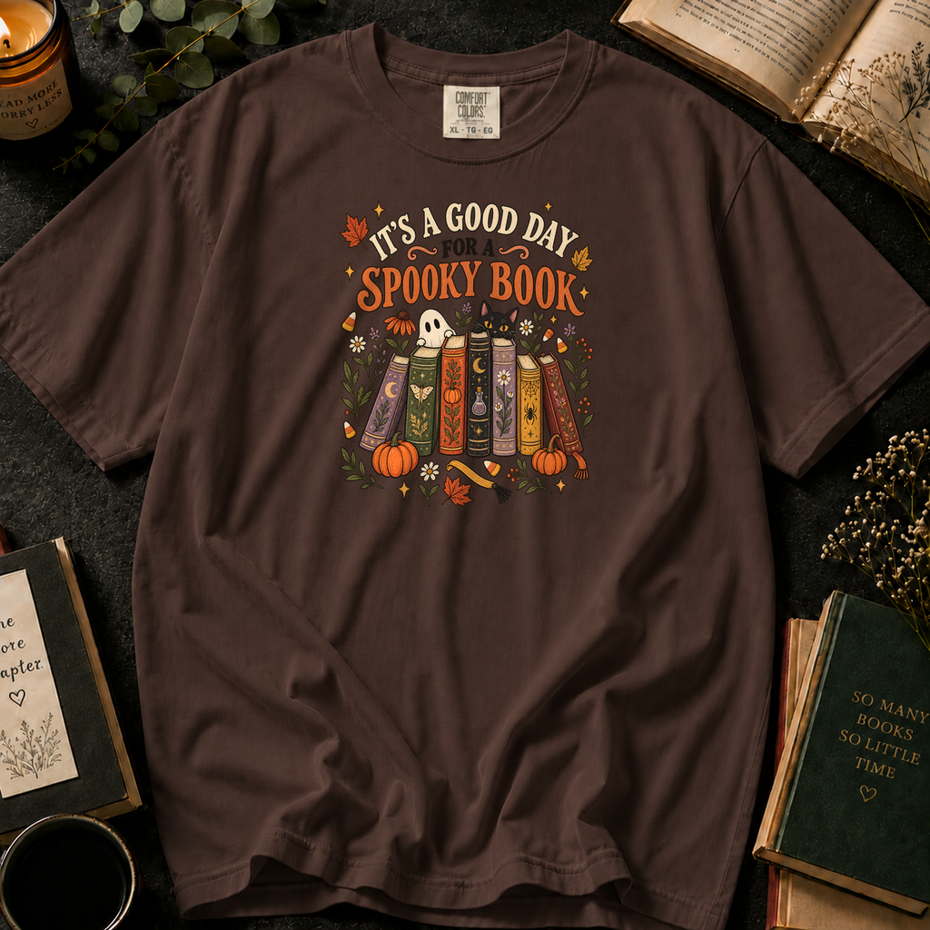 It's a Good Day for a Spooky Book T-Shirt in Espresso, Between the Pages