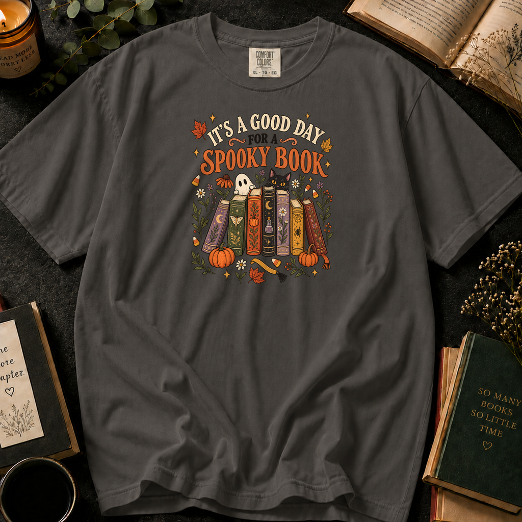 It's a Good Day for a Spooky Book T-Shirt in Pepper, Between the Pages