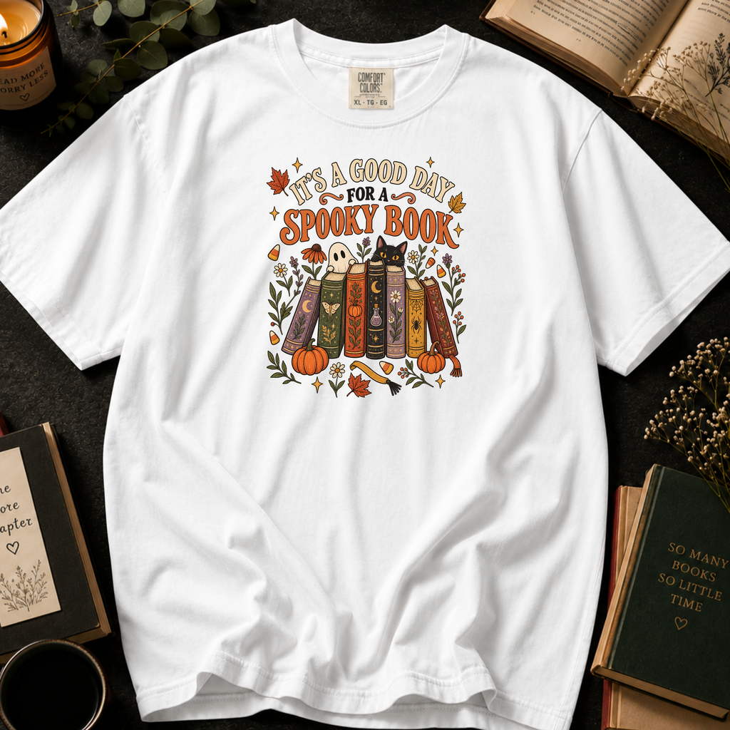 It's a Good Day for a Spooky Book T-Shirt in White, Between the Pages