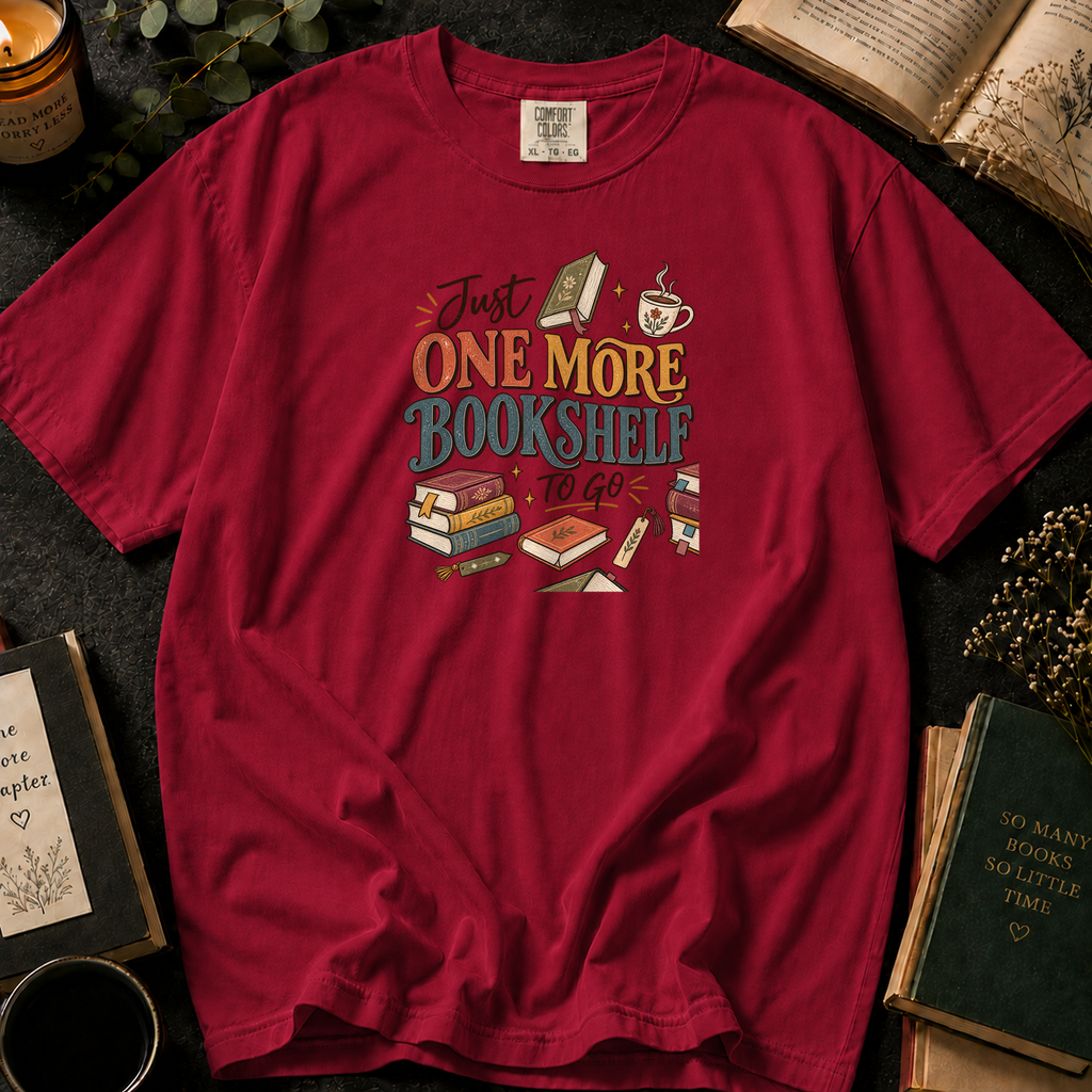 Just One More Bookshelf To Go T-Shirt in Crimson, Between the Pages