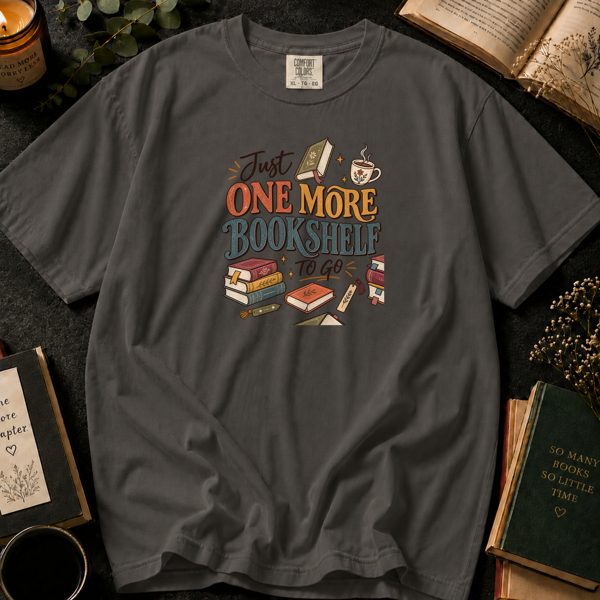 Just One More Bookshelf To Go T-Shirt in Pepper, Between the Pages