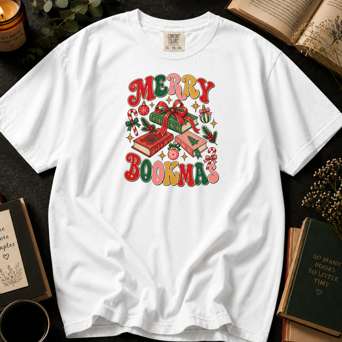 Merry Bookmas T-Shirt in White, Between the Pages