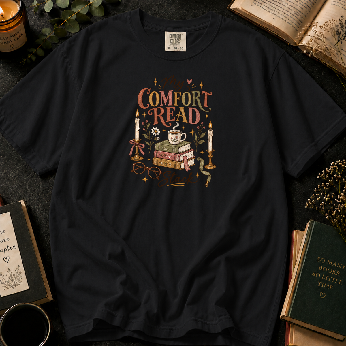 My Comfort Read Stack T-Shirt in Black, Between the Pages