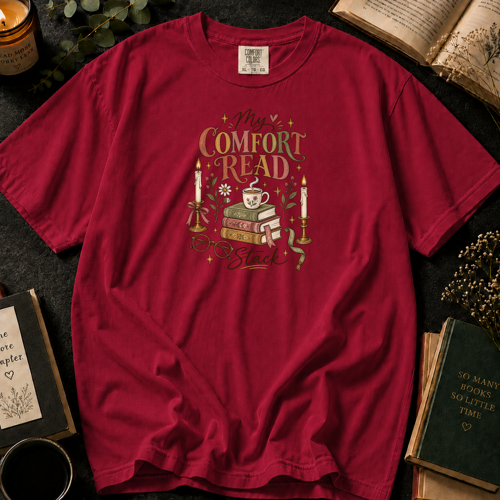 My Comfort Read Stack T-Shirt in Crimson, Between the Pages