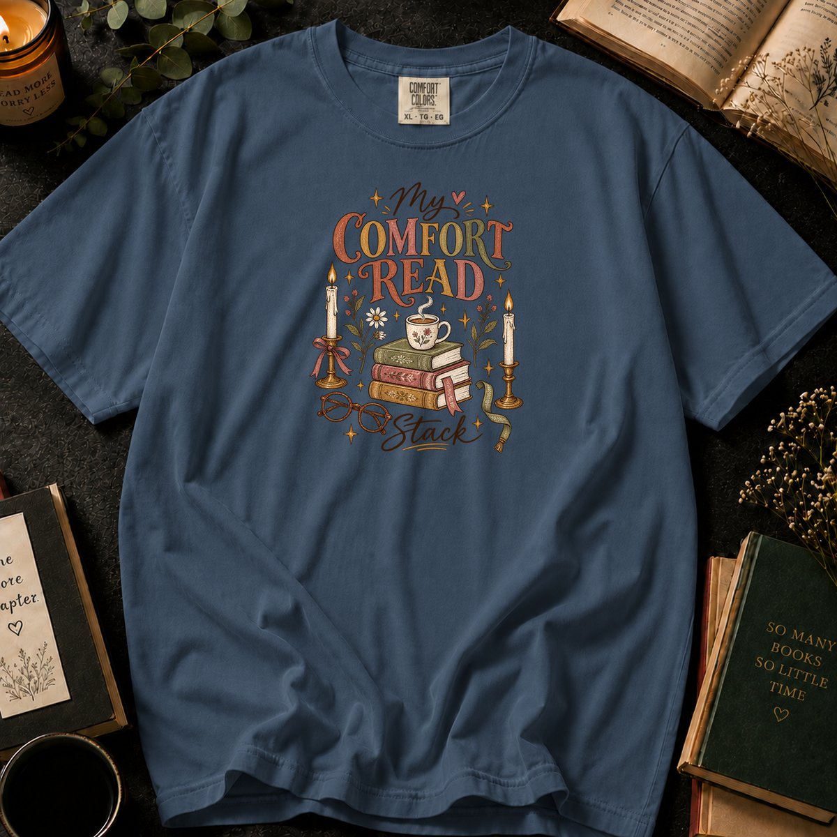 My Comfort Read Stack T-Shirt in Denim, Between the Pages