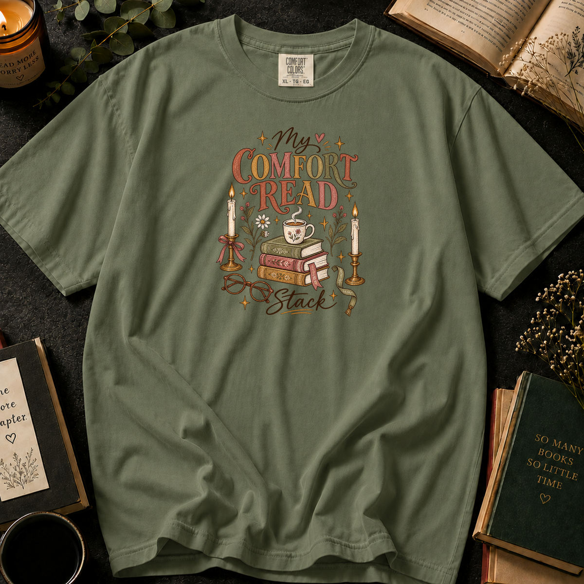 My Comfort Read Stack T-Shirt in Sage, Between the Pages