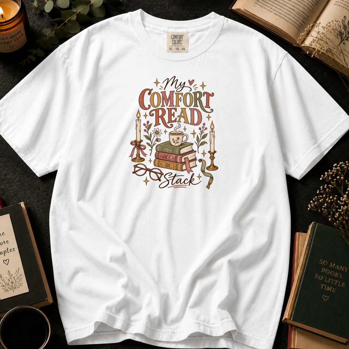 My Comfort Read Stack T-Shirt in White, Between the Pages