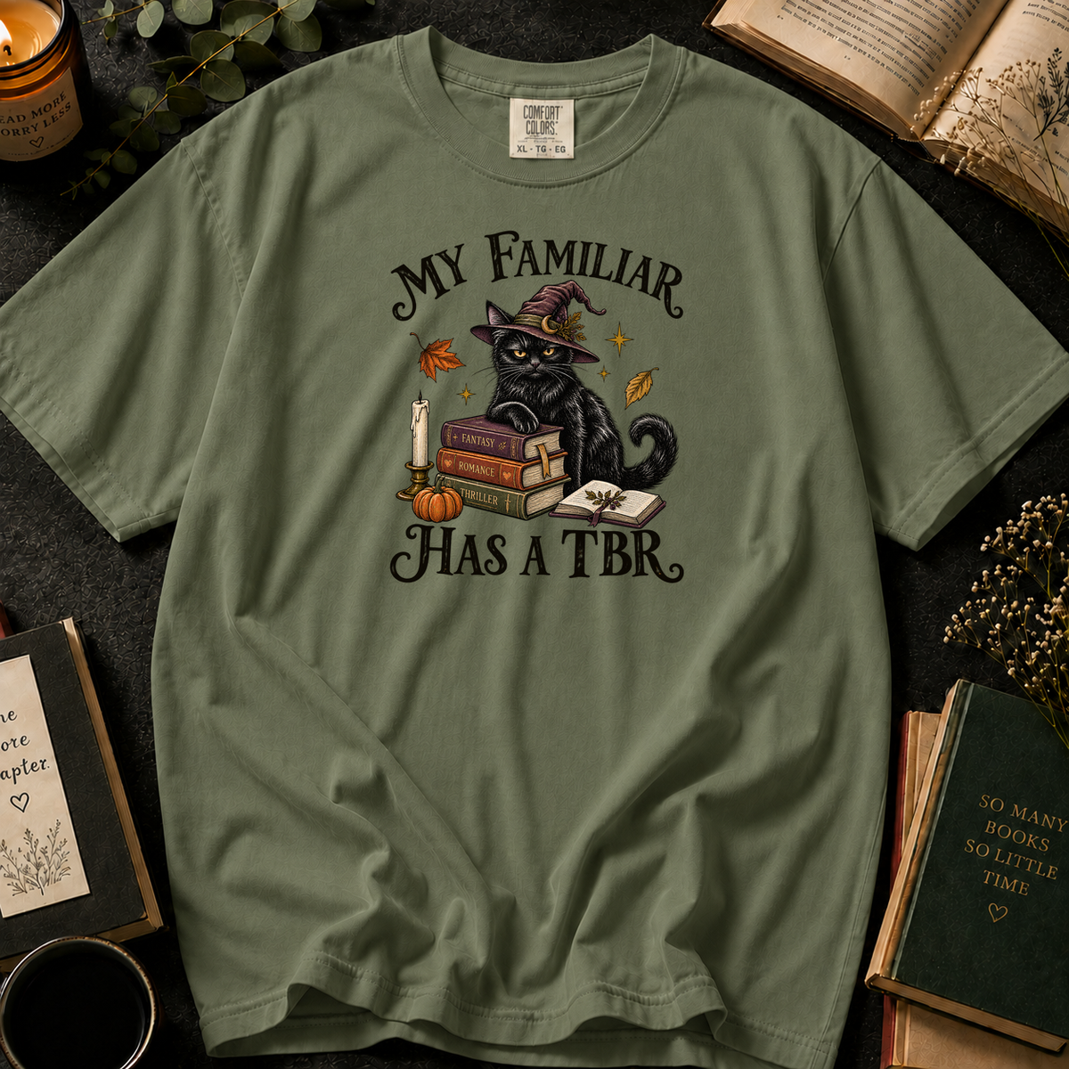 My Familiar Has a TBR T-Shirt in Sage, Between the Pages