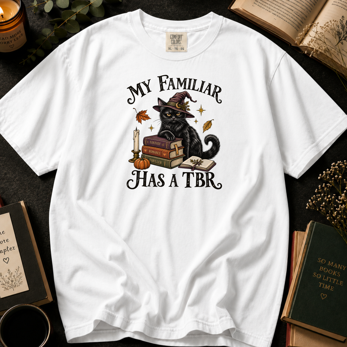 My Familiar Has a TBR T-Shirt in White, Between the Pages