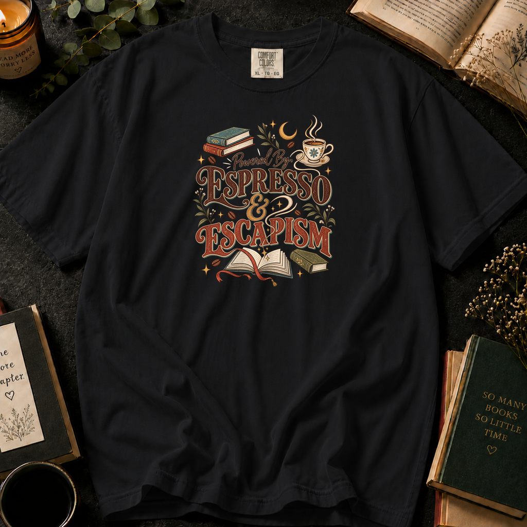 Powered By Espresso & Escapism T-Shirt in Black, Between the Pages