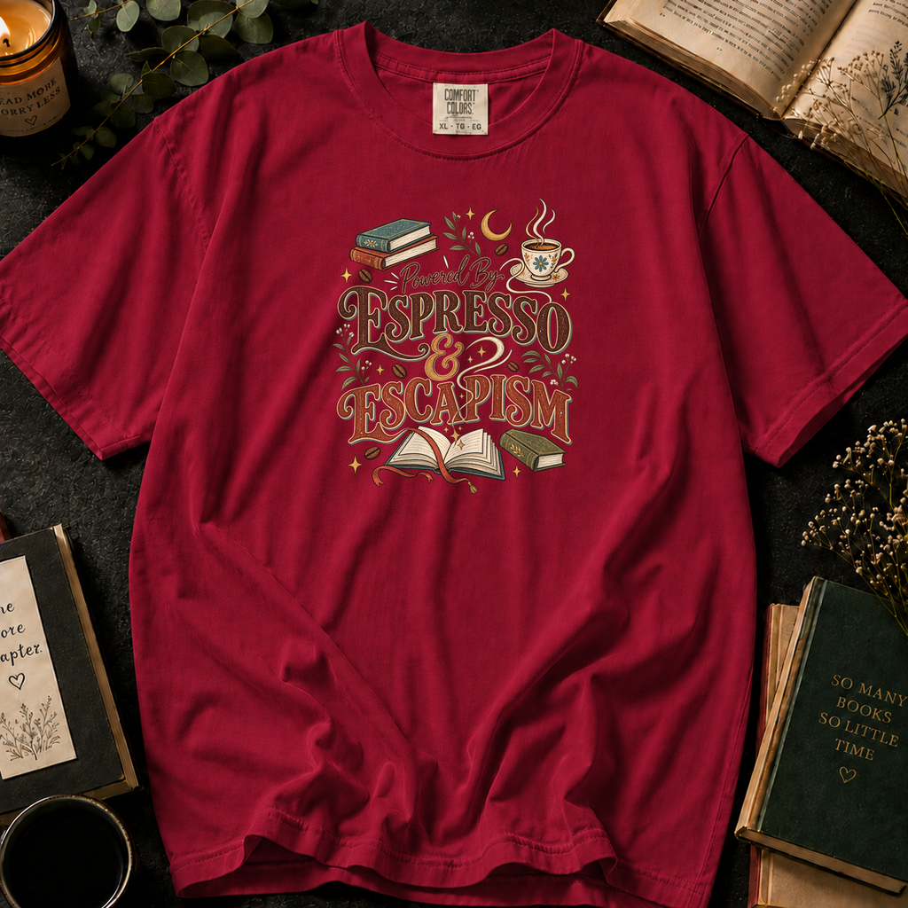Powered By Espresso & Escapism T-Shirt in Crimson, Between the Pages