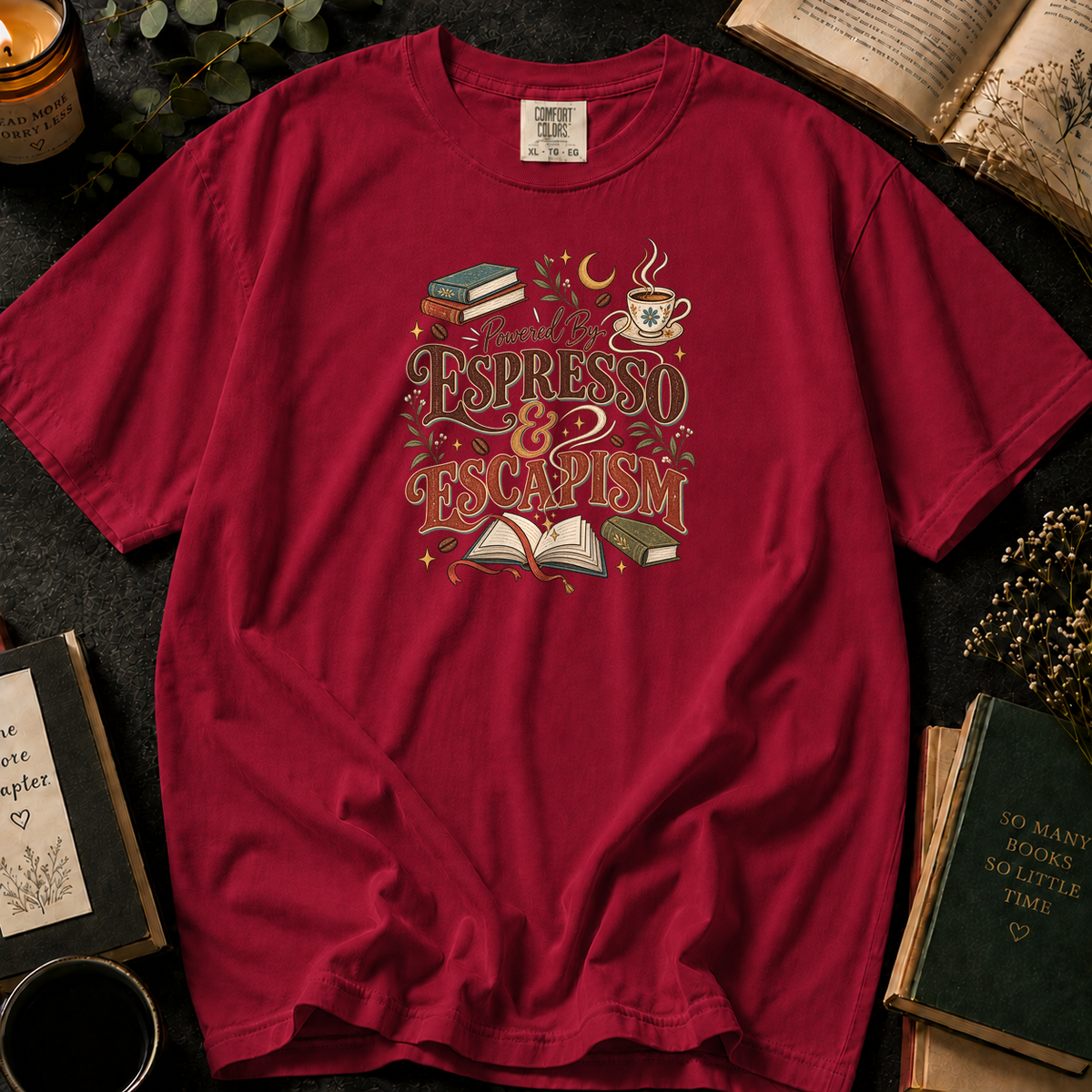 Powered By Espresso & Escapism T-Shirt in Crimson, Between the Pages
