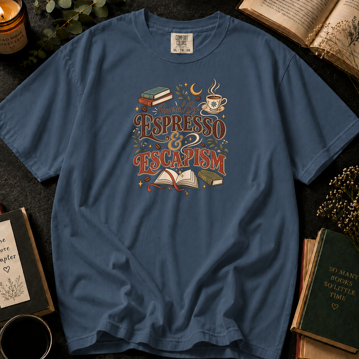 Powered By Espresso & Escapism T-Shirt in Denim, Between the Pages