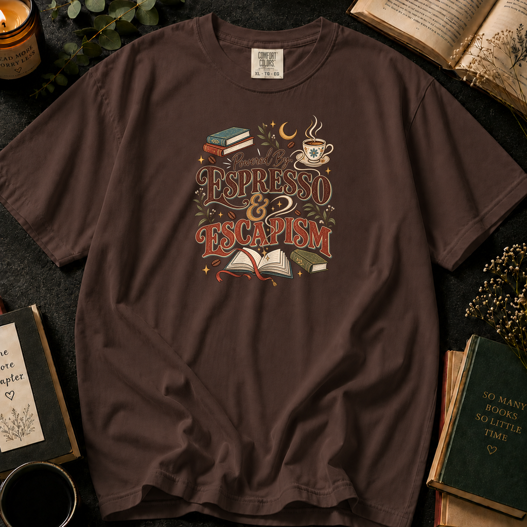 Powered By Espresso & Escapism T-Shirt in Espresso, Between the Pages