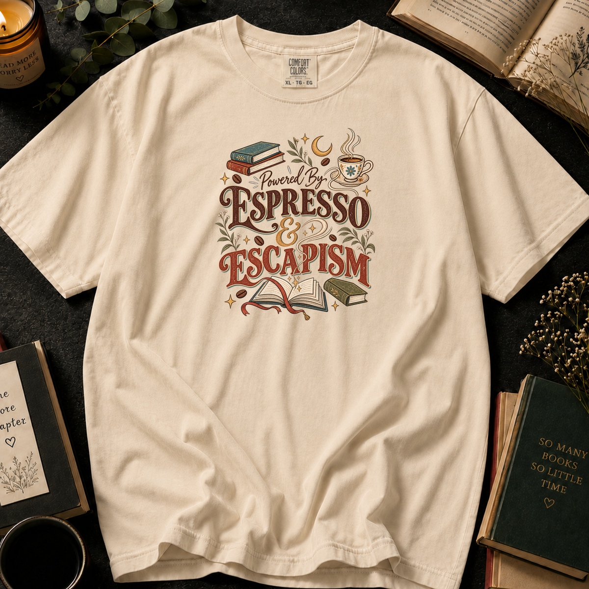 Powered By Espresso & Escapism T-Shirt in Ivory, Between the Pages