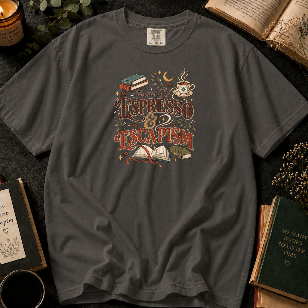 Powered By Espresso & Escapism T-Shirt in Pepper, Between the Pages