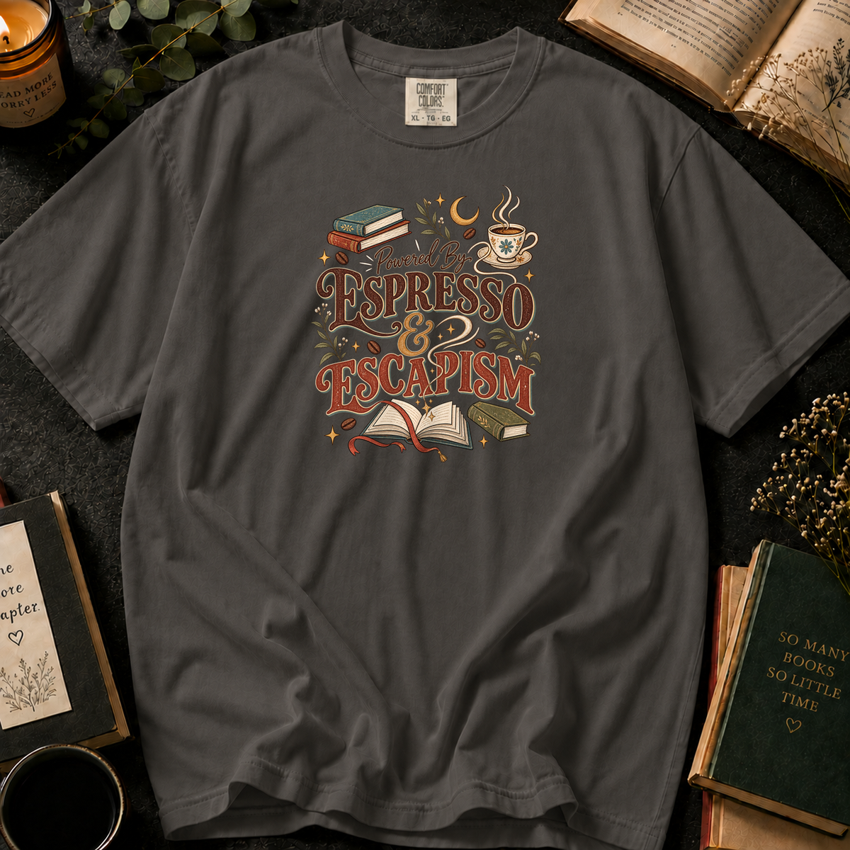 Powered By Espresso & Escapism T-Shirt in Pepper, Between the Pages