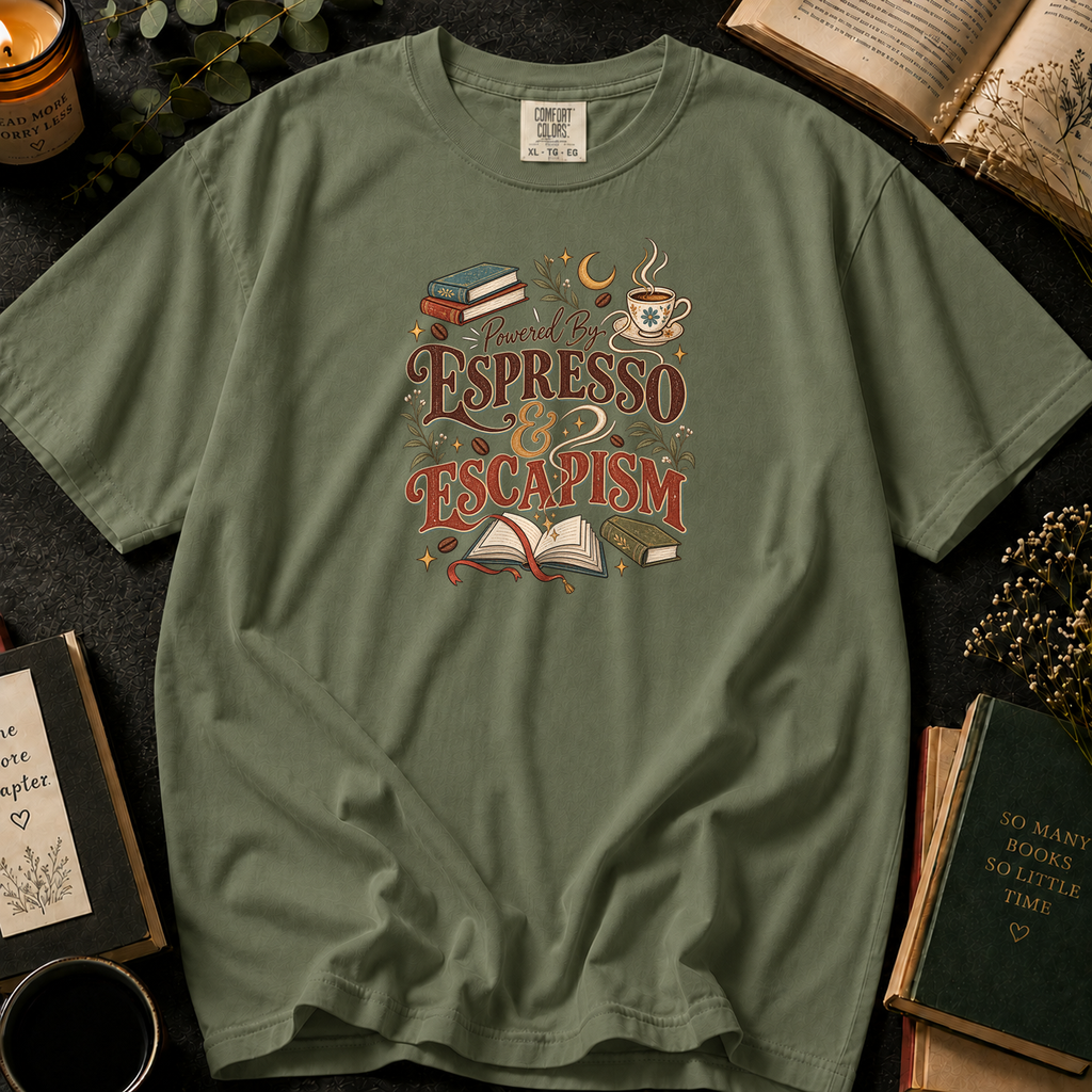Powered By Espresso & Escapism T-Shirt in Sage, Between the Pages