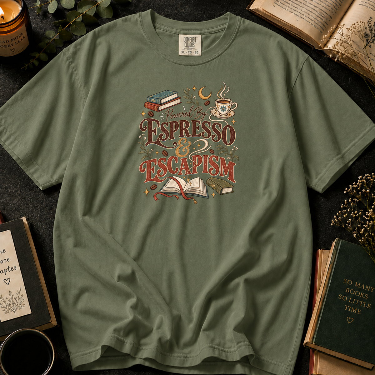 Powered By Espresso & Escapism T-Shirt in Sage, Between the Pages