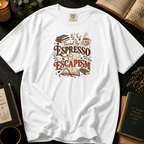 Powered By Espresso & Escapism T-Shirt in White, Between the Pages